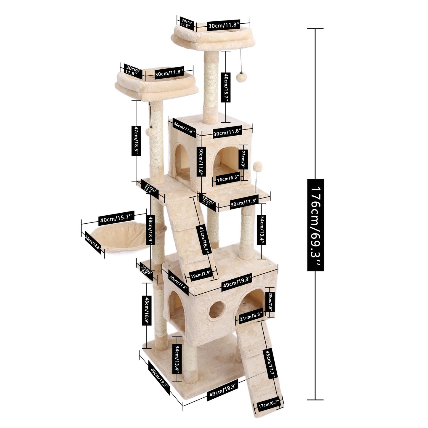 Luxury Cat Tower with Double Condos and Spacious Perch - Fully Wrapped Scratching Sisal Post - furrybabbies