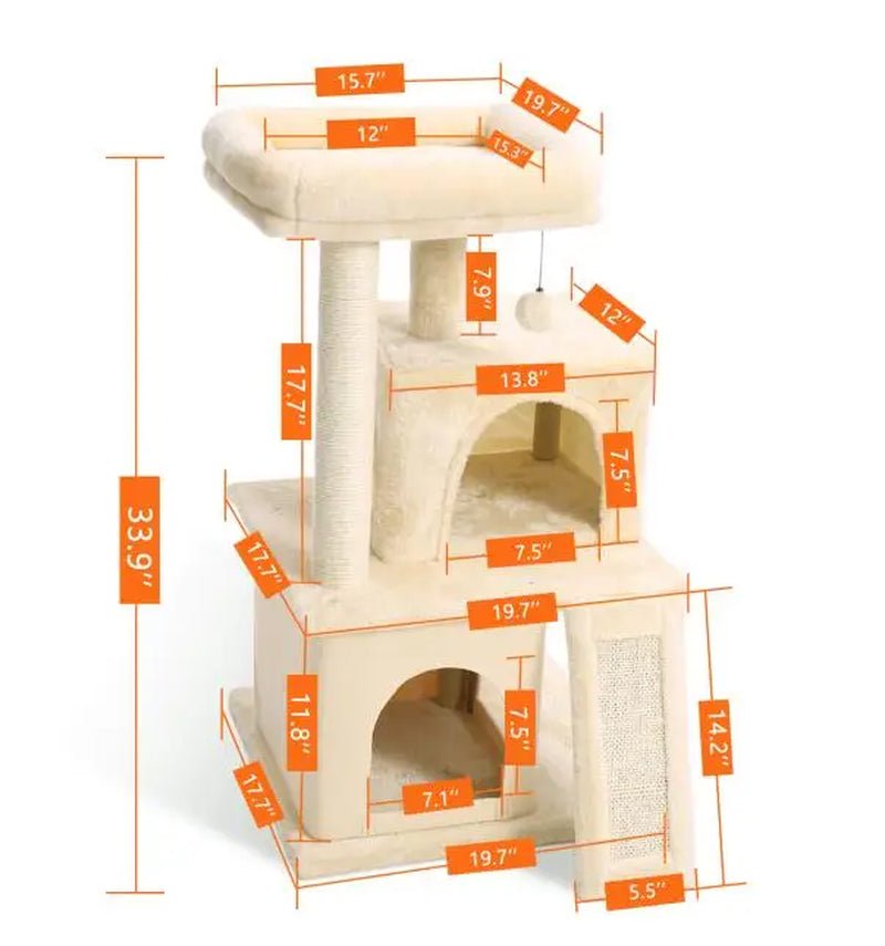 Luxury Cat Tower with Double Condos and Spacious Perch - Fully Wrapped Scratching Sisal Post - furrybabbies